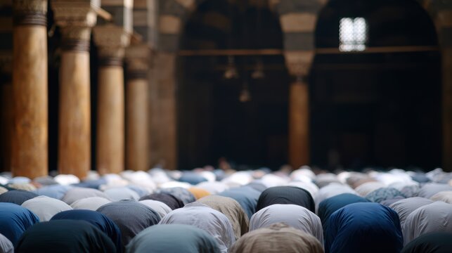 large group of muslim men praying together inside grand mosque, rows aligned in unity, wide angle interior shot