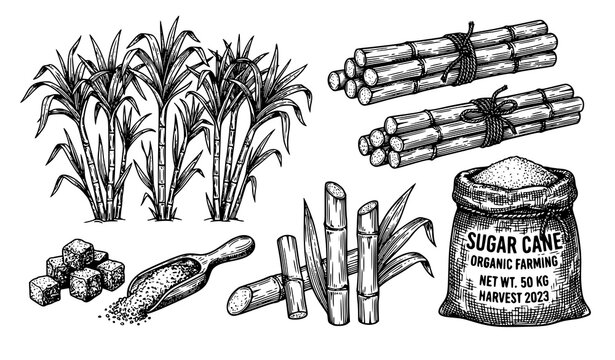 Hand drawn sugar cane sketch vector illustration set with organic stalks harvest sugar cubes sack and rum production ingredients vintage style