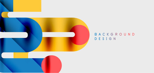 Fototapeta premium Abstract geometric shapes overlap. Blue, yellow, red colors dominate white space. Modern design element for backgrounds.