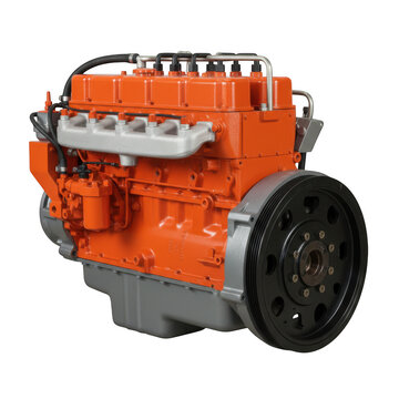 Orange industrial diesel engine block isolated on a transparent background