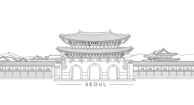Gyeongbokgung Palace Gate - Stylized Line Art of Seoul Landmark