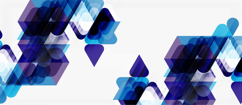 Abstract geometric shapes overlap, creating layered blue, purple tones. Minimalist design, modern aesthetic, clean lines present.