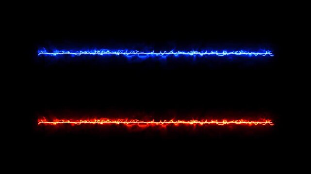 Dual glowing neon energy lines, red and blue electric lightning beams on black background