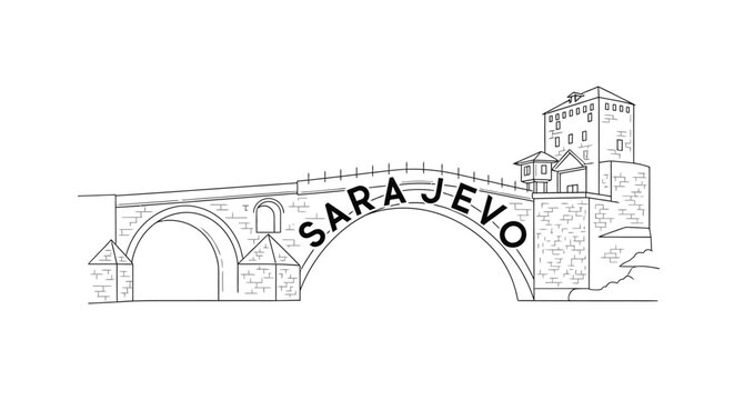 Line Art of Stari Most Bridge with Sarajevo Text