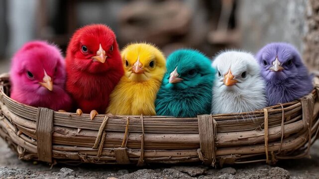 Group of colorful baby chicks in different bright neon colors sitting in a rustic basket.