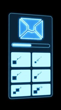Bright blue animated envelope represents incoming email notifications. Background features sleek interface widgets showing message status updates