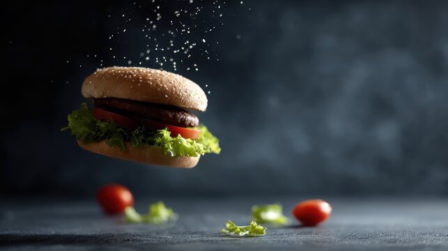 Juicy hamburger with flying ingredients suspended mid air, dark background, dynamic food action shot