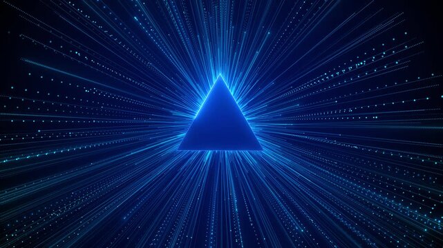 Blue triangle light burst background radiant dotted rays, glowing geometric shape, dark futuristic depth. for logo reveals, music visuals, gaming intros, science titles, and digital overlays.