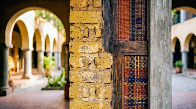 Historic Spanish Colonial Architecture Detail Textured Brick Wall and Wooden Doorway for Marketing Campaigns