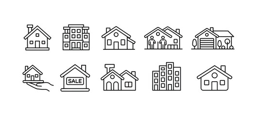 Fototapeta premium Collection of simple line art icons representing residential and commercial buildings for real estate architecture and city concept design.