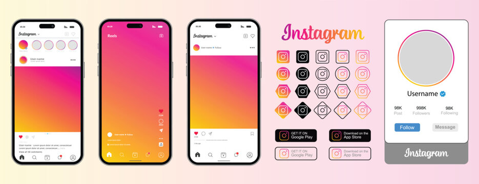 Instagram mockup mobile interface kit with app elements showcasing multiple smartphone screens, profile mockups, and gradient icons related to a popular photo and video sharing