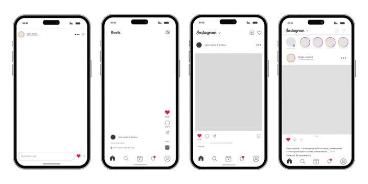 Smartphone screens showing instagram App UI Mockup social media user interface Feed, Stories, and DM Screens.