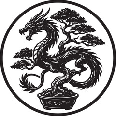 Fototapeta premium A detailed silhouette of a dragon intertwined with a bonsai tree, presented as a striking graphic element on a transparent