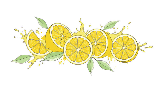 Fresh yellow lemon slices arranged with green leaves and a juice splash effect representing a refreshing citrus flavor for drinks.