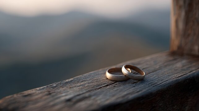 golden wedding rings resting near wooden cross on mountain peak at sunset, christian marriage faith and eternity concept