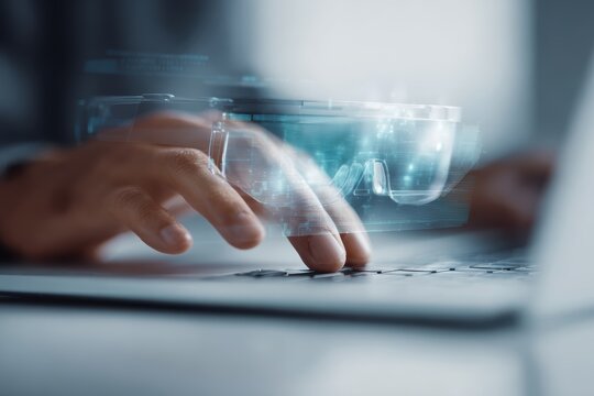 student using laptop and augmented reality glasses with holographic learning interface, artificial intelligence education technology concept, modern study desk