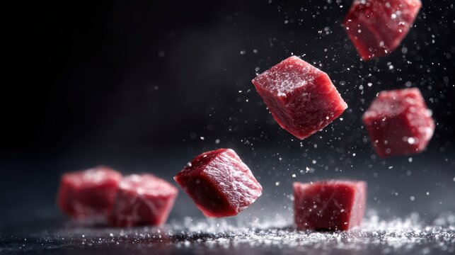 Cubes of raw beef falling over black background, frozen motion, dramatic lighting