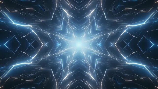 青白い雷が幾何学模様を描く未来的な電脳空間背景