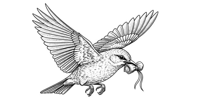Bird pigeon flying with wings spread, monochrome engraving style, detailed beak and claws, vintage line art wildlife illustration