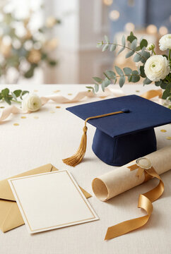 Graduation cap and diploma with blank invitation card and floral decor for celebration background or announcement design