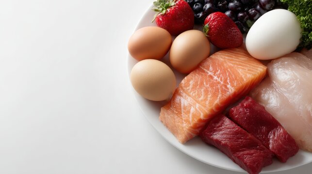 Assortment of healthy food including fruits vegetables fish meat and eggs isolated on white background, nutrition concept