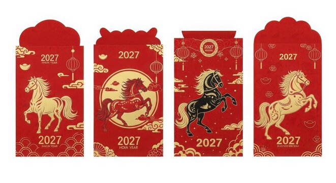 Red envelopes with gold and black designs for chinese new year illustration