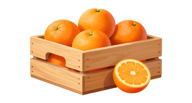 oranges, crate, wooden, fruit, fresh, ripe, citrus, leaves, harvest, juicy, organic, healthy, market, produce, illustration, vector, harvest