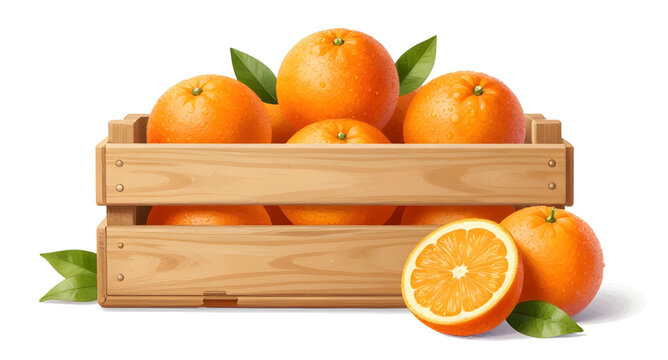 oranges, crate, wooden, fruit, fresh, ripe, citrus, leaves, harvest, juicy, organic, healthy, market, produce, illustration, vector, harvest
