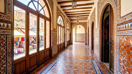 Obraz premium Luxury Hallway With Intricate Tile Patterns and Bustling Market View Elegant Hallway Moroccan Tile Patterns