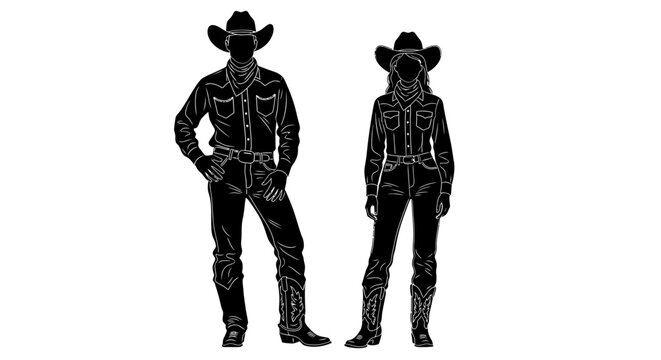 Silhouette depiction of a cowboy and cowgirl in traditional Western attire, standing confidently, featuring detailed clothing outlines and a striking monochrome color scheme against a clean 