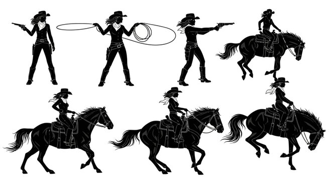 Cowgirl silhouettes riding horses and holding revolvers set