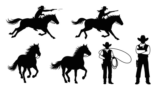 A collection of black silhouette images depicting a cowboy and cowgirl with their horses in various poses, from riding at speed to roping, isolated on white background, in a stylized graphic