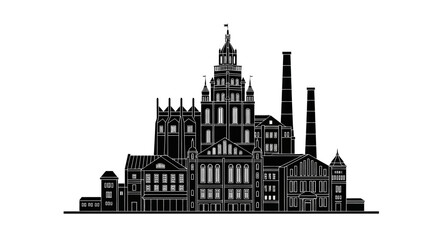 Obraz premium Industrial city skyline silhouette with factory chimneys and historic buildings on white background