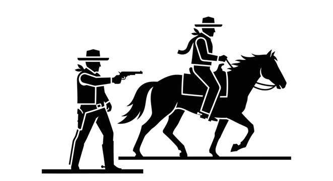 Silhouette depiction of a gunslinger man aiming a pistol towards a person riding a horse in a Western showdown scene, capturing the grit and tension of the wild west era.