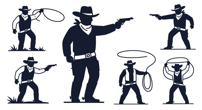 Collection of Silhouette Cowboy Figures Posed with Lasso and Handgun Ready for Action on a White Background Vector Art