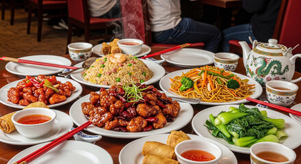 Obraz premium Assorted traditional asian dishes on plates at dining table