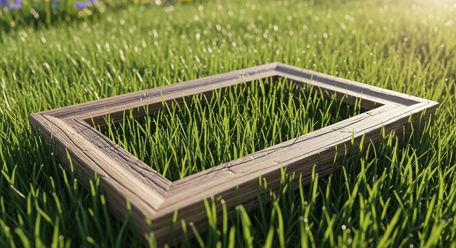 Raised garden bed with fresh green grass inside a field