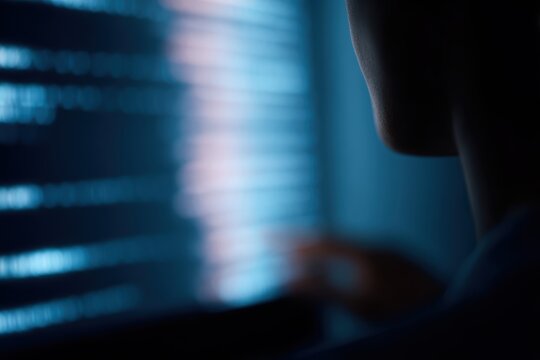 student studying cybersecurity and coding on computer screen with digital code interface, technology education concept