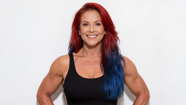 A strong old woman wearing black tank top , red and blue ombre hair , has bif muscle stand posting on white background , senior fitness woman image.