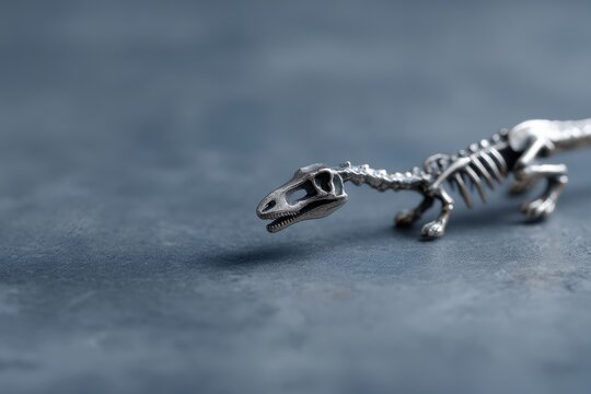 silver dinosaur skeleton resting on key surreal mysterious symbolic art