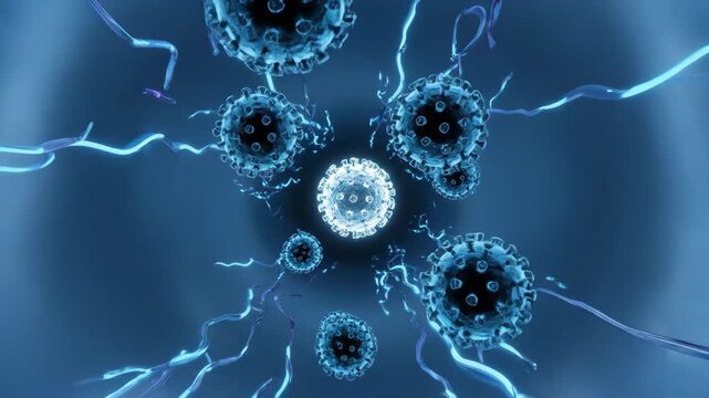 Microscopic organisms interact fluidly in a vibrant blue background. This captivating visual showcases intricate details and dynamic movements. Concept of microbiology, education, scientific research