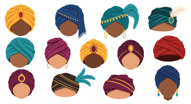 Collection of diverse turbans in vibrant colors and styles including feathers and jewels on faceless heads representing various cultures.