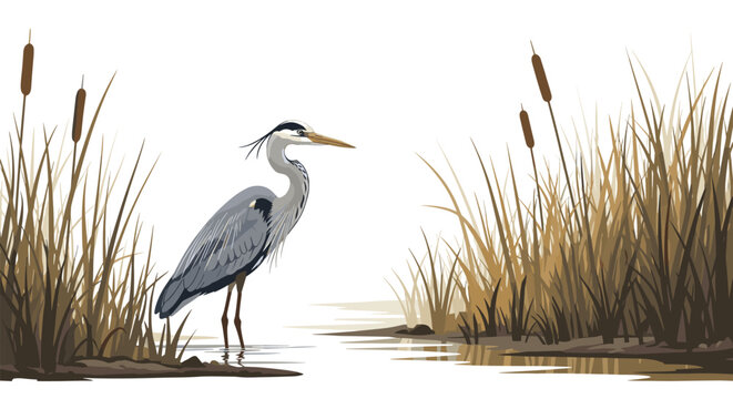 Majestic grey heron standing calmly in a wetland environment surrounded by tall reeds and water for nature and wildlife themes.