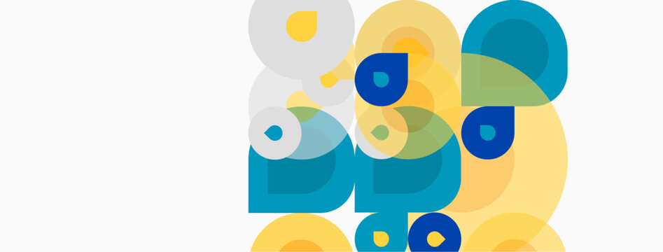 Abstract shapes overlap, creating vibrant composition. Yellows, blues dominate design, offering modern aesthetic. Simple geometry defines visual elements.