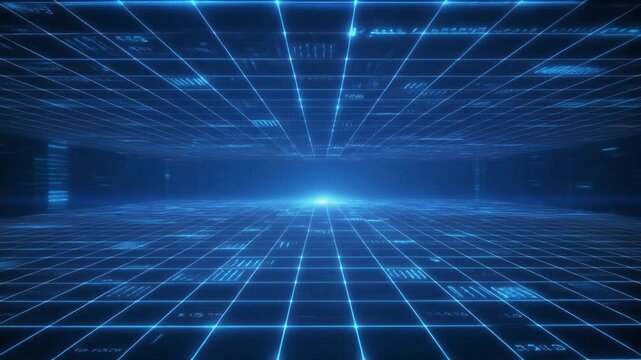 Abstract Blue Digital Grid Background, Data Network Motion, Futuristic Technology Animation