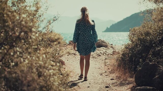 Traveler Walking Along Coastal Path Towards Sea. Exploring Mediterranean Shoreline During Summer Vacation. Enjoying Scenic View 