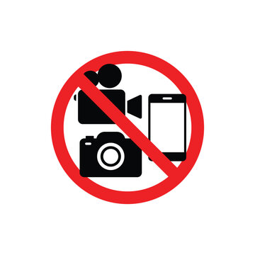 No photography or video recording permitted sign. No use camera sign. No camera area. Warning red round sign, prohibited symbol