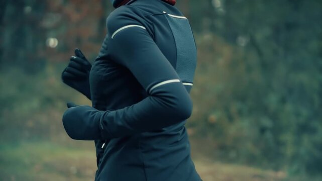 Runner Training In Park During Cold Weather. Fitness Activity In Fall Environment. Wellness Practice Outdoors