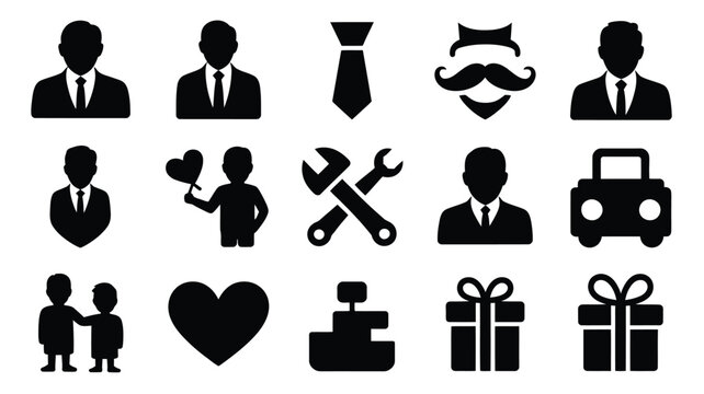 Collection of black silhouette icons representing fatherhood business love gifts and tools perfect for conceptual design and digital projects celebrating men and family