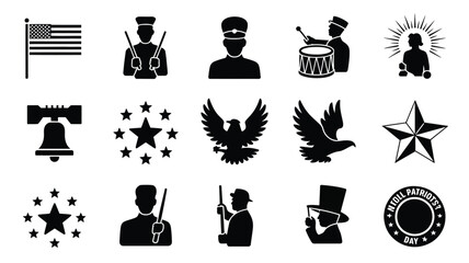 Collection of black silhouette icons representing american patriotism independence day military service and national symbols including flag liberty bell eagle stars and patriotic © Sourav Bairagi